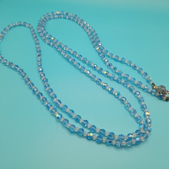Vintage Baby Ice Blue Aurora Borealis Crystal Beaded Single Strand Necklace, 62" - Picture 3 of 10
